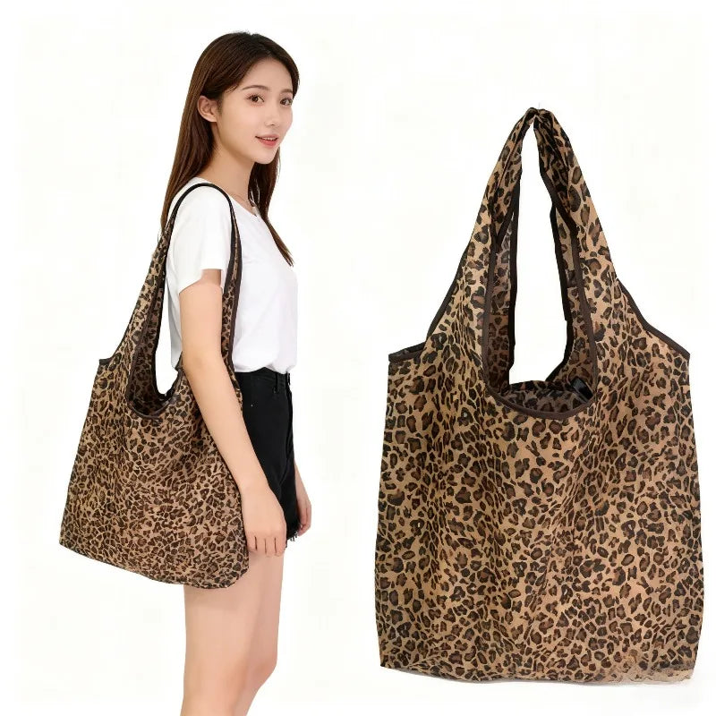 Leopard Print Foldable Tote Bag Lightweight Polyester Leak-Proof Reusable for Shopping Travel Work