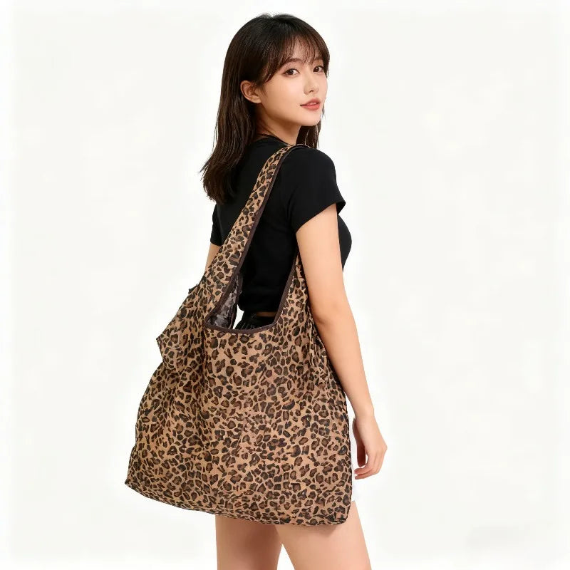 Leopard Print Foldable Tote Bag Lightweight Polyester Leak-Proof Reusable for Shopping Travel Work